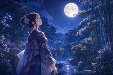 月夜竹林华服少女