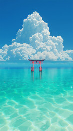 晴天碧海中立于水面的红色鸟居与白云