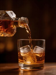 琥珀酒液注入冰块杯中