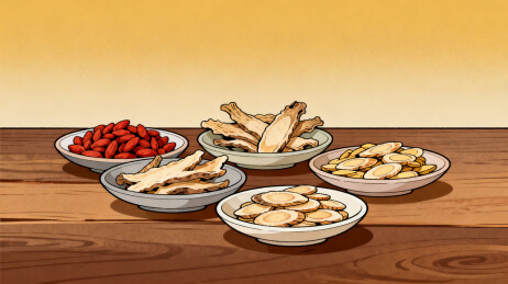 五盘食材摆放在木桌上