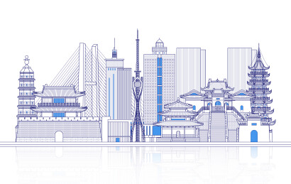 中国城市荆州天际线矢量地标建筑插画