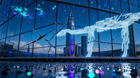 未来城市雨夜中的数字电路