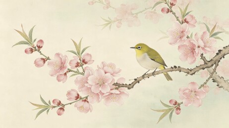 桃花枝鸣鸟国画