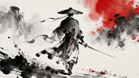 水墨武士持剑前行