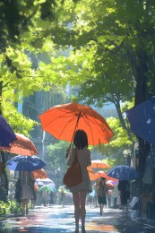细雨中的斑斓雨伞