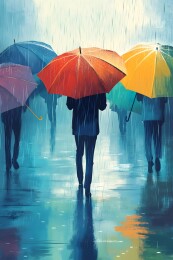 细雨中的斑斓雨伞