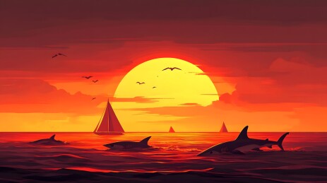 夕阳余晖下的金色鲨鱼群