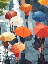细雨中的斑斓雨伞