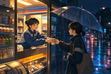 雨夜便利店递咖啡
