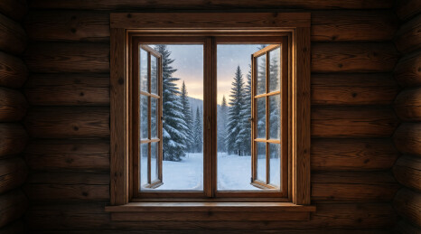 木屋窗景落雪暮光壁纸