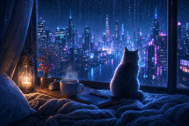 雨夜窗边猫与热饮