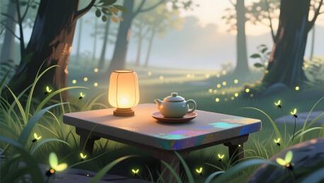 萤火虫林边茶桌朝光插画