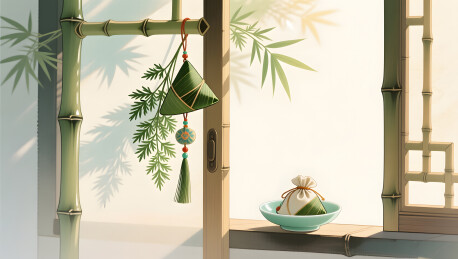 端午竹门艾香晨曦插画