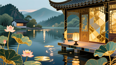 中元节水榭灯盏山居插画