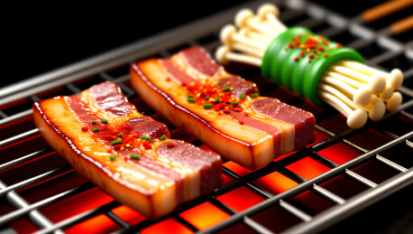 夏日夜市烧烤摊五花肉美食插画