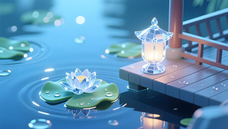 中元节水榭灯盏露光插画