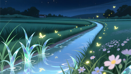 萤火虫田埂夜路花香插画