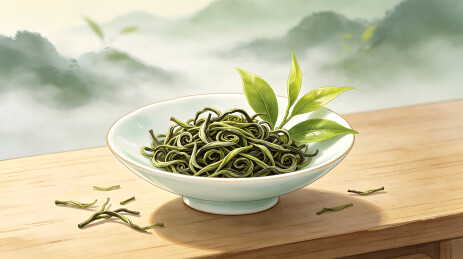 绿色茶叶瓷碗国风插画背景