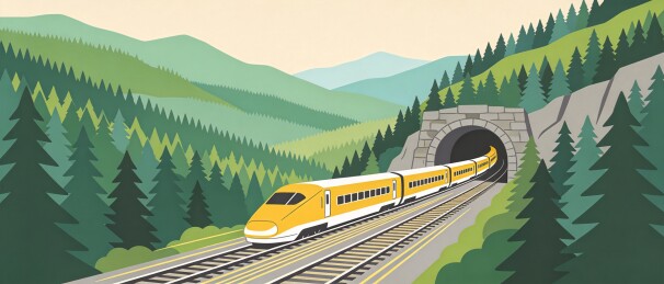 高铁穿山森林扁平插画交通宣传背景