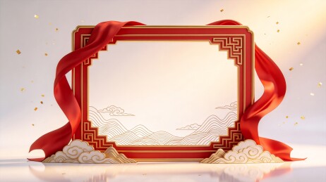 红金方窗红绸祥云山水中式横幅背景