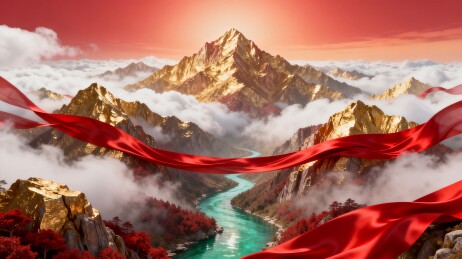 金山河河谷云海红绸国风壮阔风景