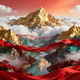 金山河河谷云海红绸国风壮阔风景
