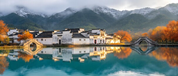 山水古村秋景如画