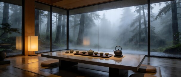 雨中森林日式茶室静谧场景