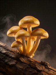 金黄色蘑菇群生长于朽木之上