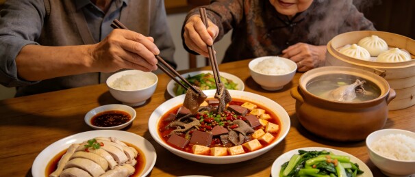老人共进美味家常饭