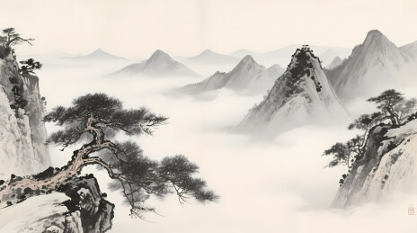 崖上苍松远山云雾