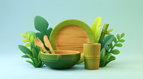 竹制餐具与绿植环绕的环保摆设