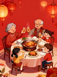 一家五口喜庆吃年夜饭