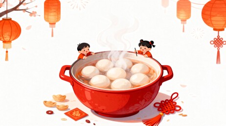 两个孩子围坐大碗吃汤圆
