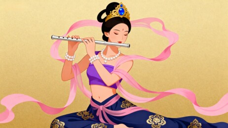 古装女子吹笛奏乐图