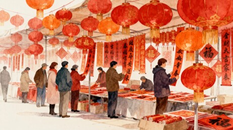 挂满红灯笼的年货市场