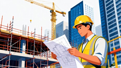 建筑工地现场工程师审阅图纸