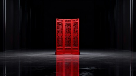 红色古典屏风置于黑色展厅