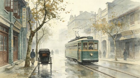 旧街电车雨景
