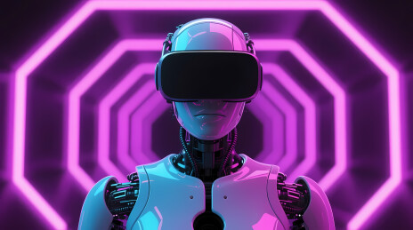 银白机器人戴 VR 眼镜置身赛博空间