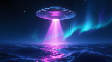 夜空飞碟投射粉紫光束
