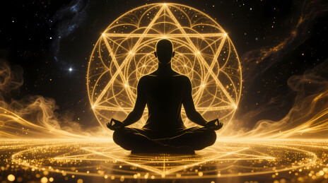 宇宙星空中冥想者的金色能量阵