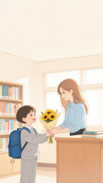 小男孩送向日葵给老师