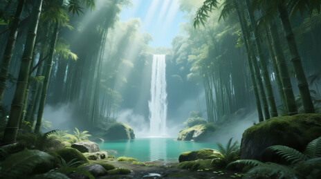 幽林白瀑落碧潭