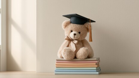 戴学位帽的泰迪熊坐在书上