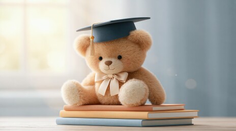 戴学位帽的泰迪熊与书本