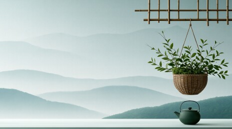 山水背景下的悬挂绿植与茶壶