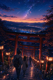 鸟居石阶星空夜景