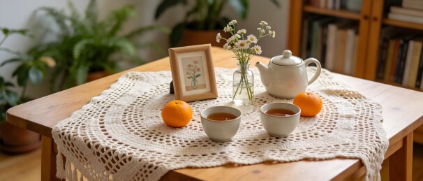 温馨茶歇时光木质桌布与橙果