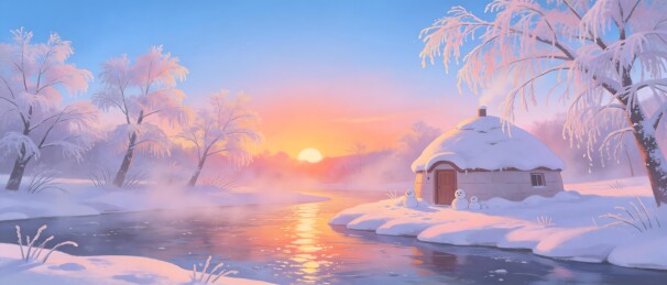 雪景小屋夕阳河畔